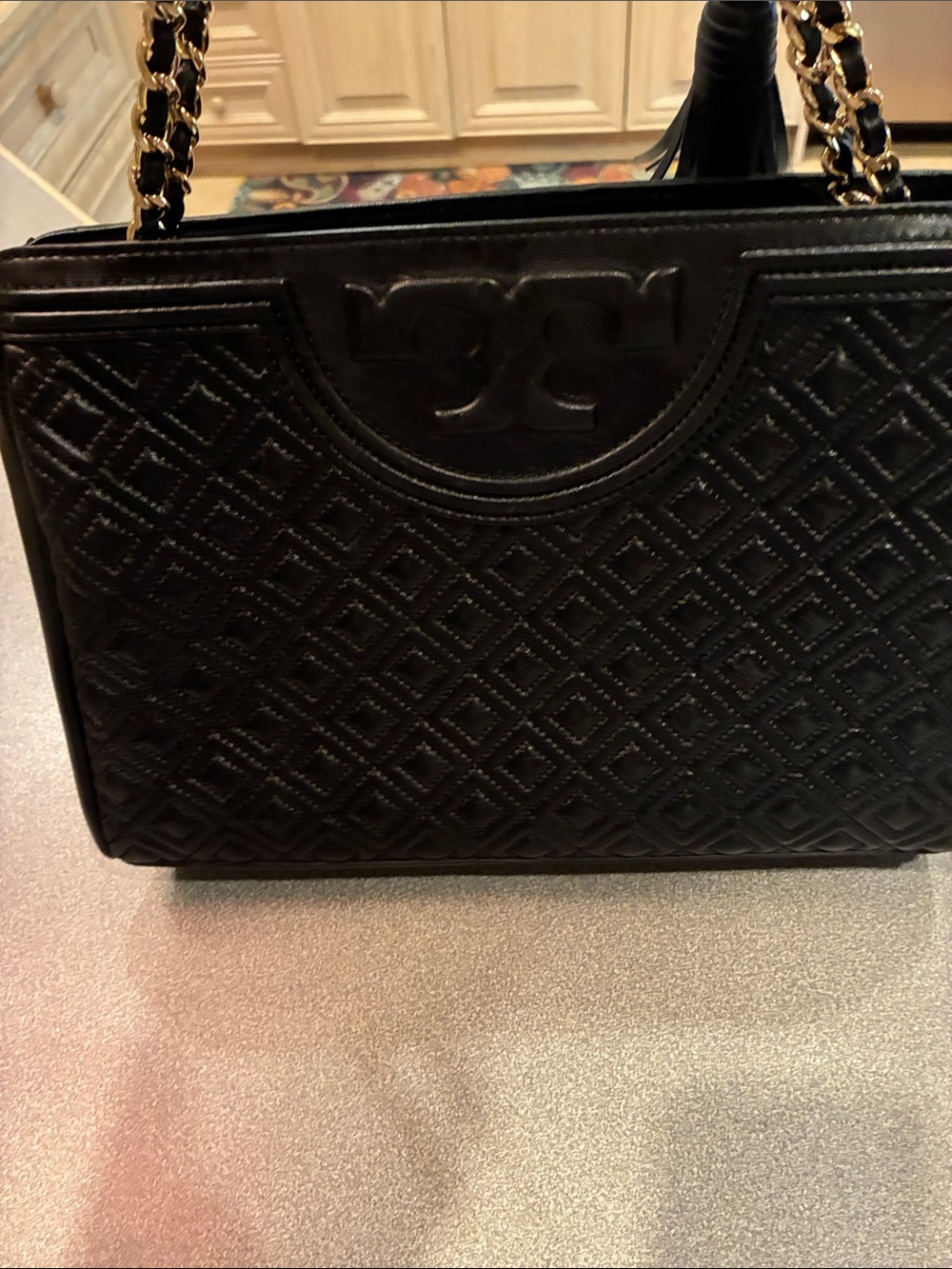 Tory Burch Black Quilted Leather Shoulder Bag with Gold Chain Straps